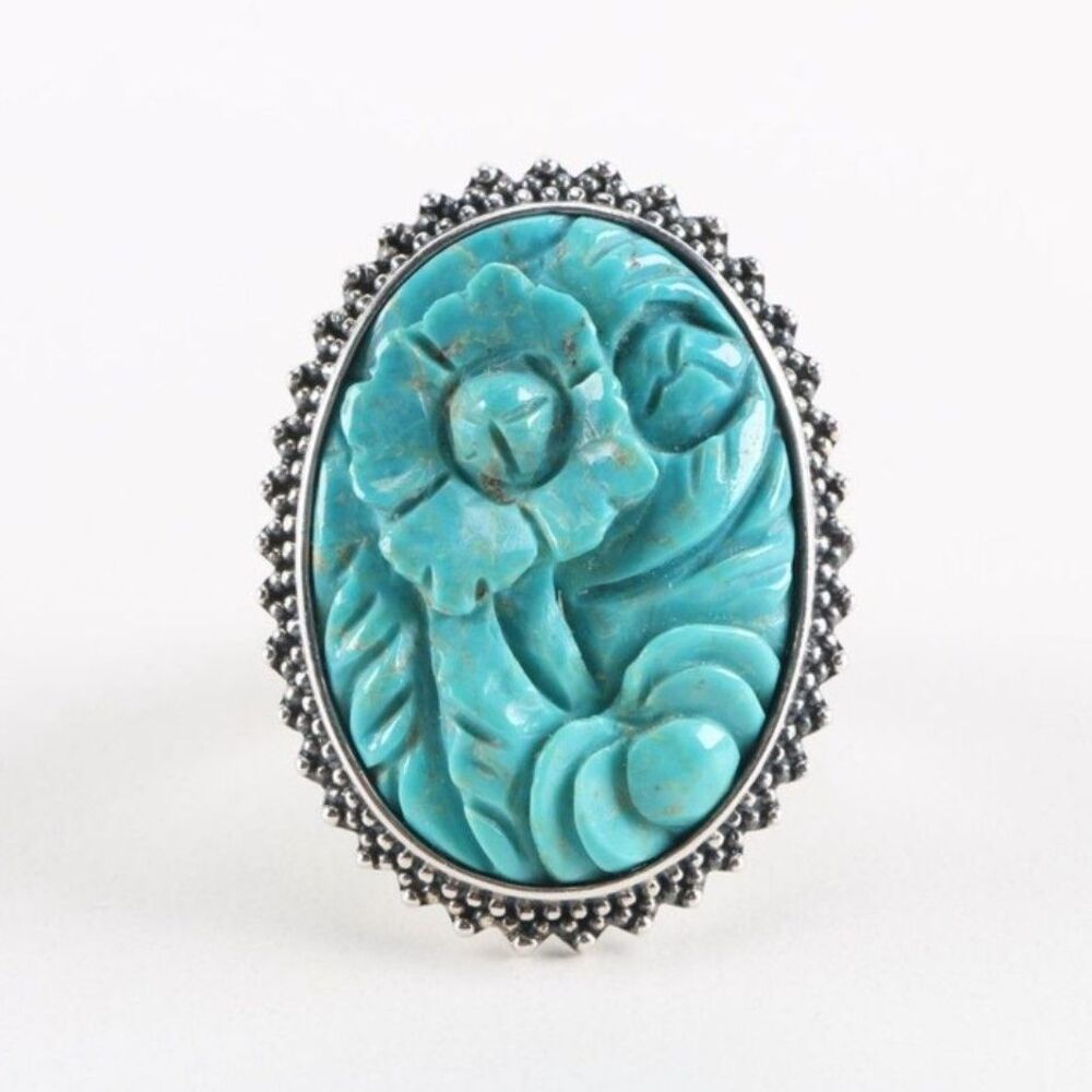 Amy Kahn Russell Hand Carved Turquoise Roses & Plum Blossom Ring